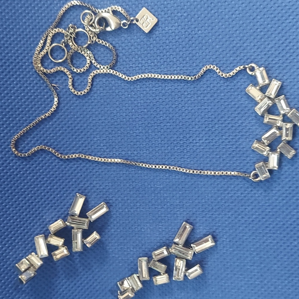 Banana Republic Grey Ice Crystal Baguette asymmetrical Necklace & Earring Set